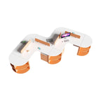 Curved Multi-Person Office Workstation with Divider Panels and Integrated Storage Shelving