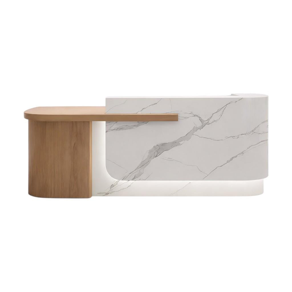 Modern Curved Reception Desk with Return Counter and Timber-Look Side Panel