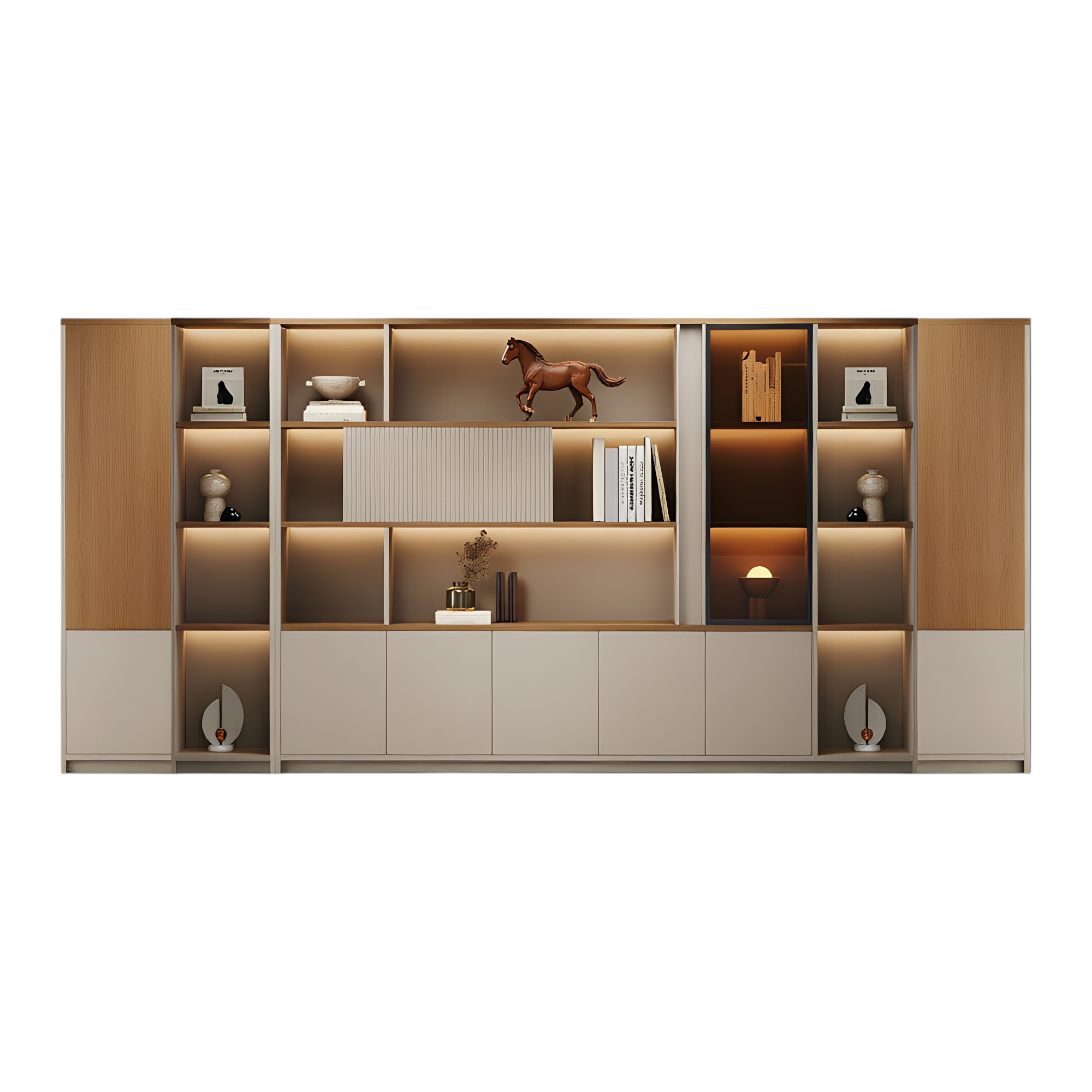 Modern Executive Office Storage Cabinet with Open Shelves and LED Display Lighting