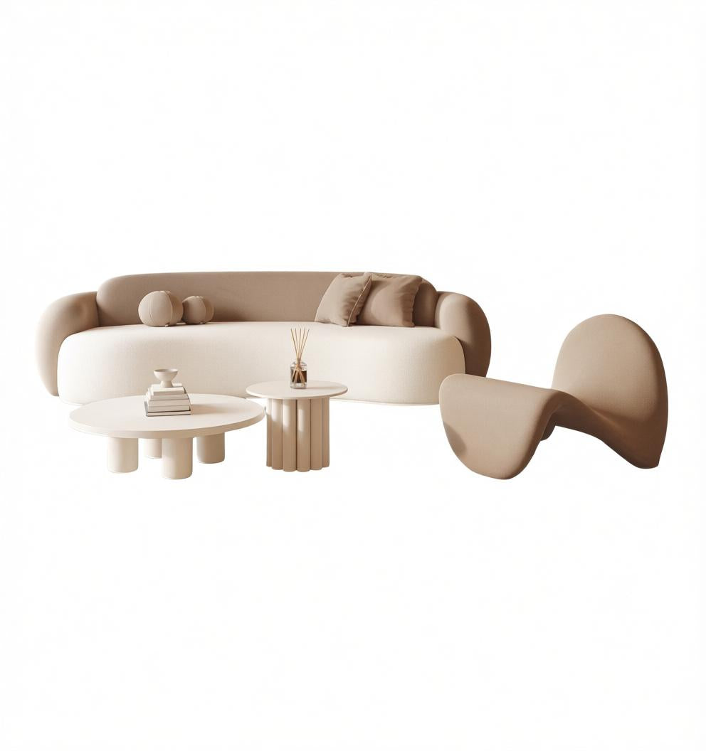 Curved Cream Bouclé Sofa and Round Coffee Table Lounge Set with Accent Armchair