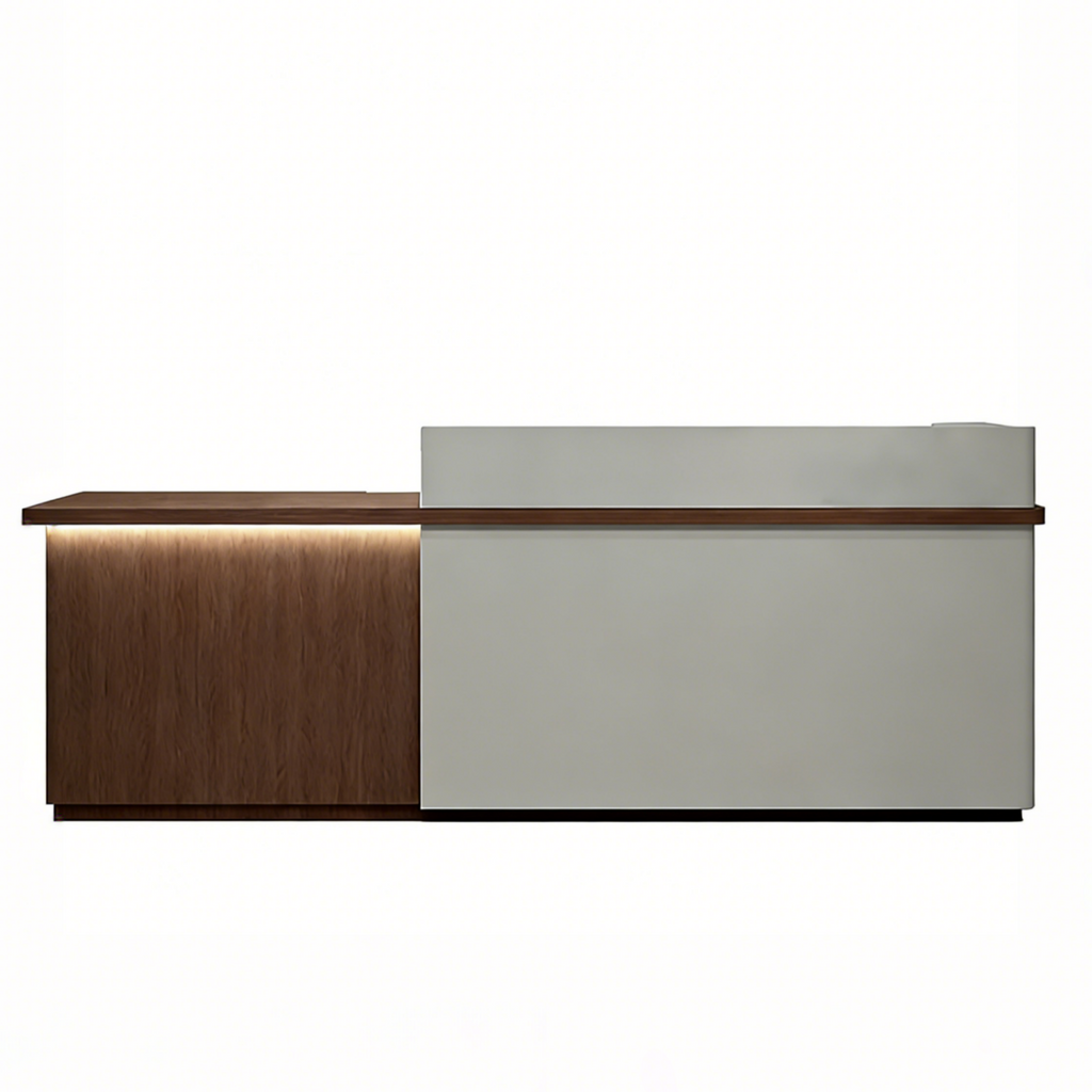 LED Reception Desk with Timber Return and Signage Panel