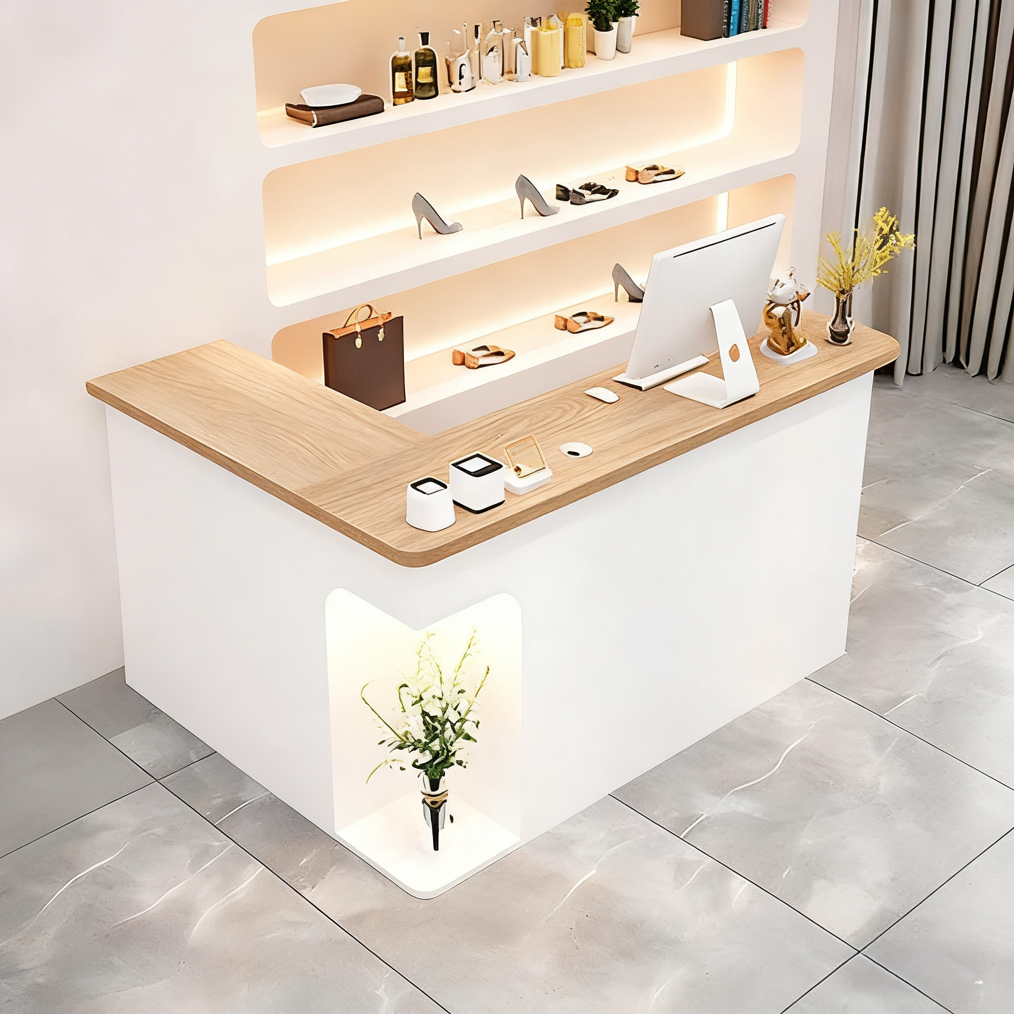 L-Shaped Reception Desk with Custom Options and Ample Storage
