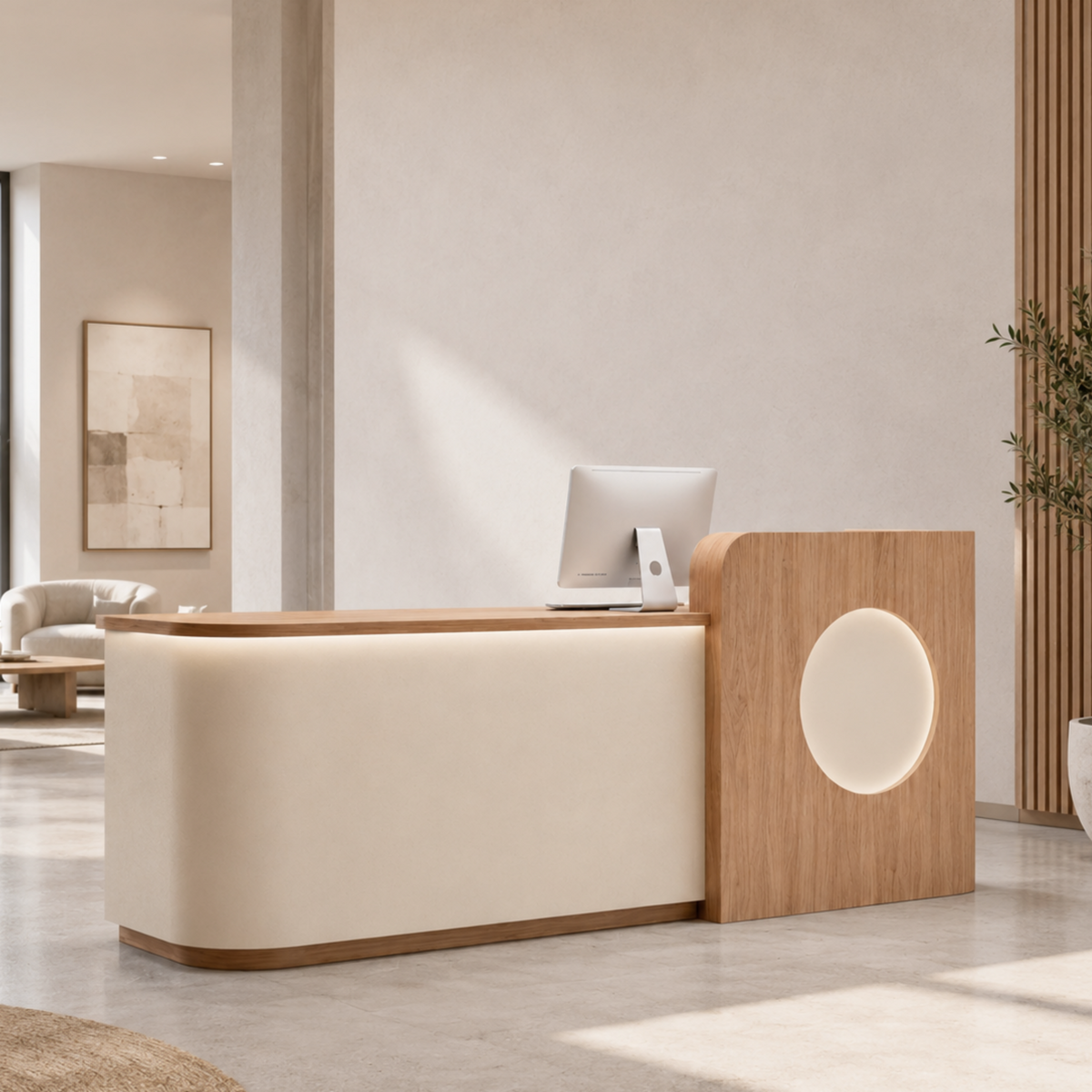 Modern Curved Reception Desk with LED Lighting, Logo Panel and Storage for Offices