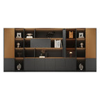 Executive office display cabinet wall system with open shelving and concealed storage