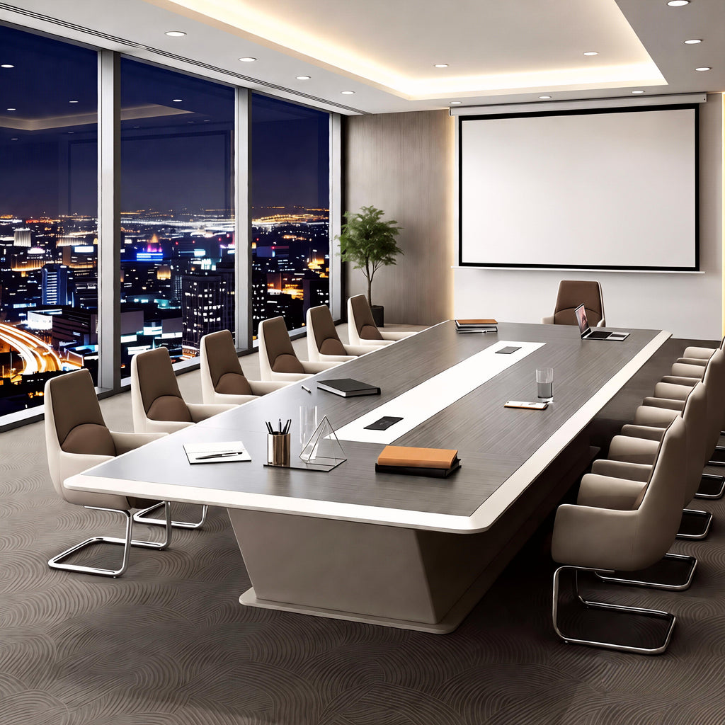 Durable Contemporary Two-Tone Boardroom Table with Central Cable Trough and Sturdy Pedestal Base