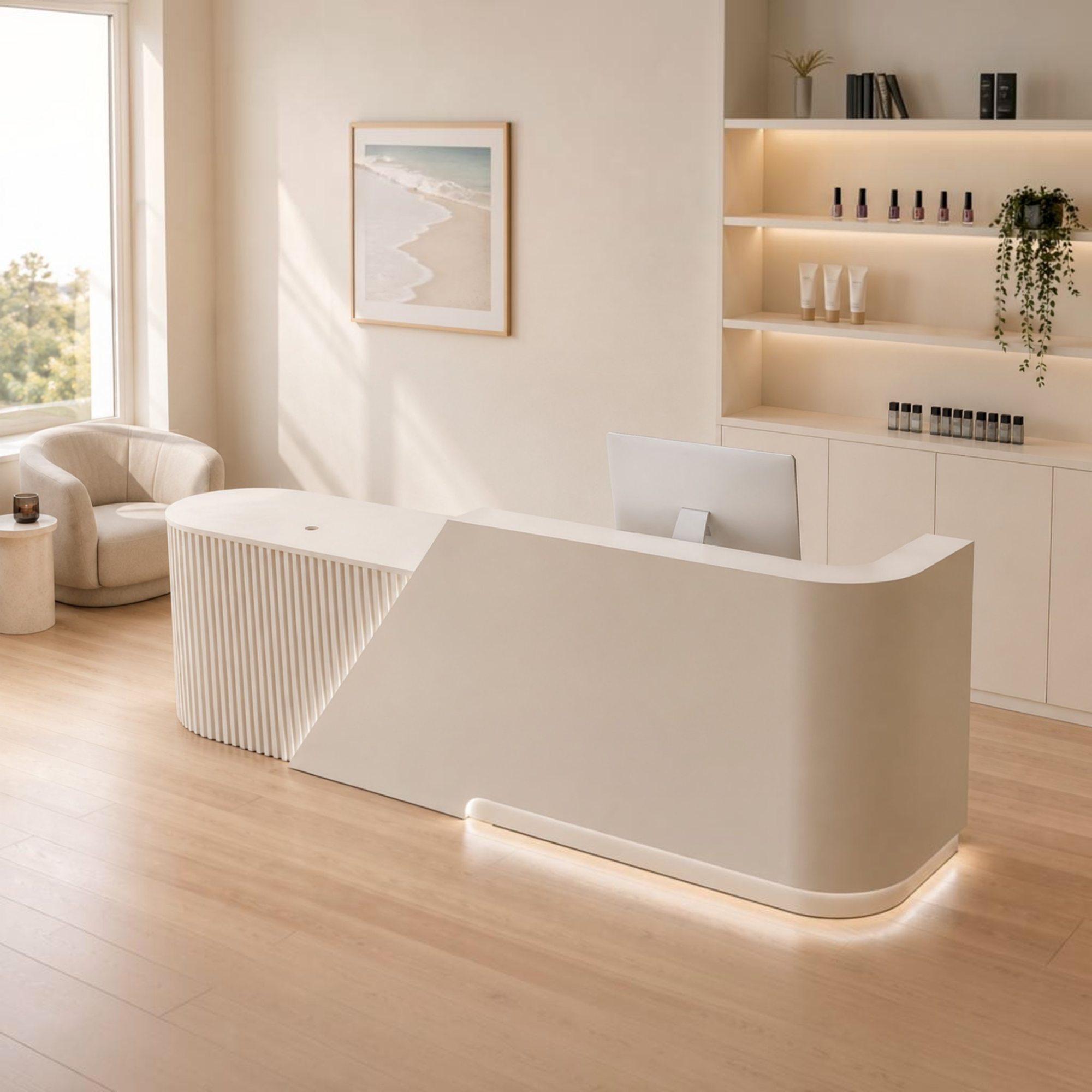 Modern Curved Reception Desk with Fluted Front and LED Base