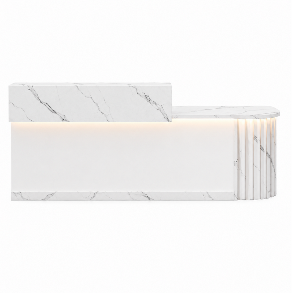 Modern Curved Reception Desk with LED Lighting and Storage Counter