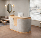 Neutral-Toned Curved Reception Desk with Built-In LED Accent Lighting