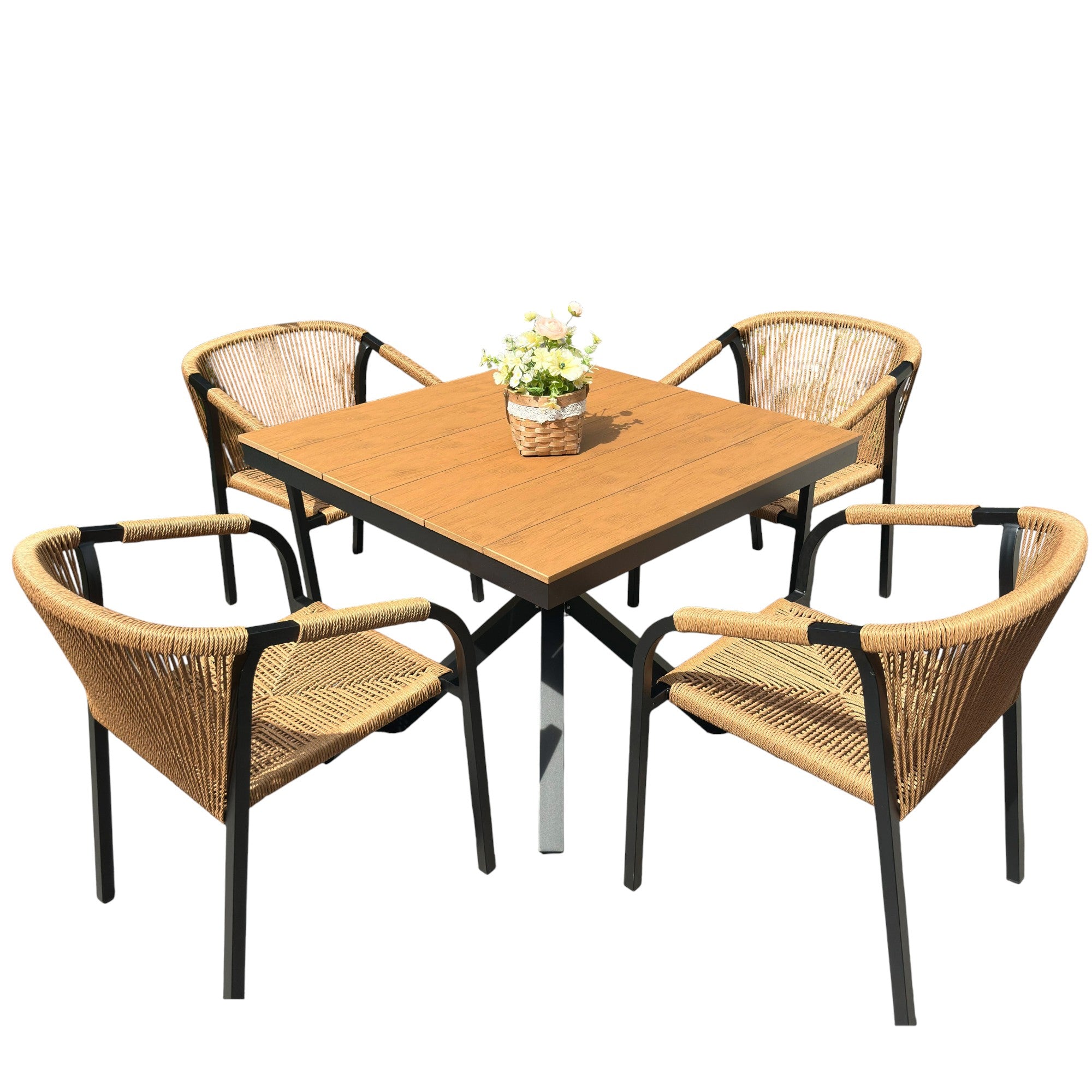 Outdoor Rope-Weave Dining Set With Timber-Look Table