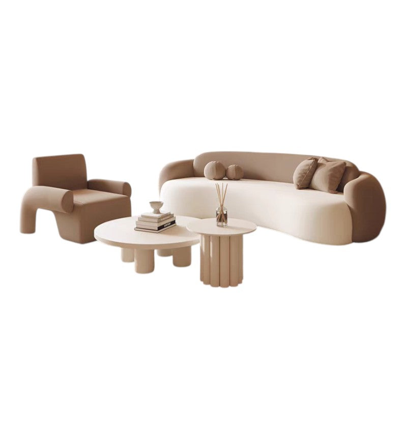 Curved Cream Bouclé Sofa and Round Coffee Table Lounge Set with Accent Armchair