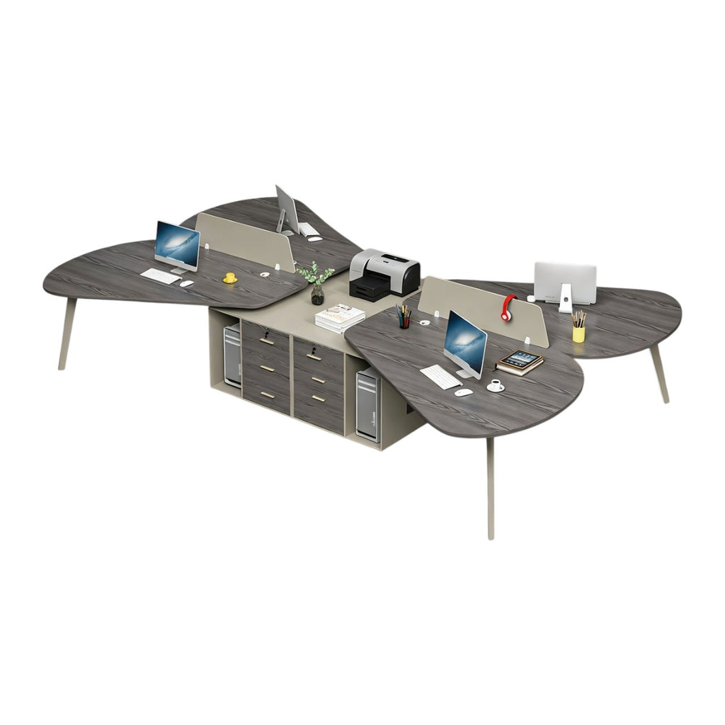 Modern Butterfly-Shaped Office Workstation Desk with Central Storage and Privacy Divider Screen