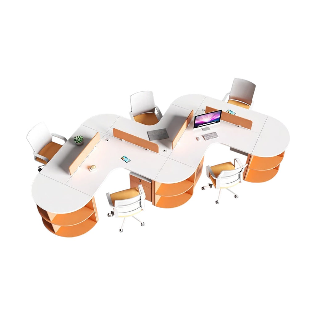 Curved Multi-Person Office Workstation with Divider Panels and Integrated Storage Shelving