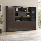 Dark Woodgrain Modern Executive Filing Cabinet with Glass Display Shelving