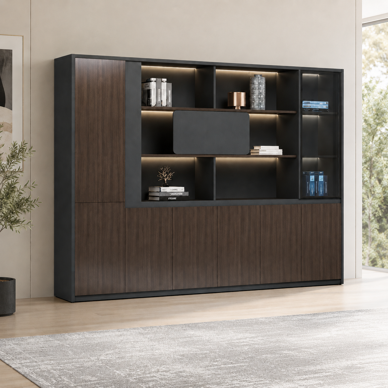 Dark Woodgrain Modern Executive Filing Cabinet with Glass Display Shelving