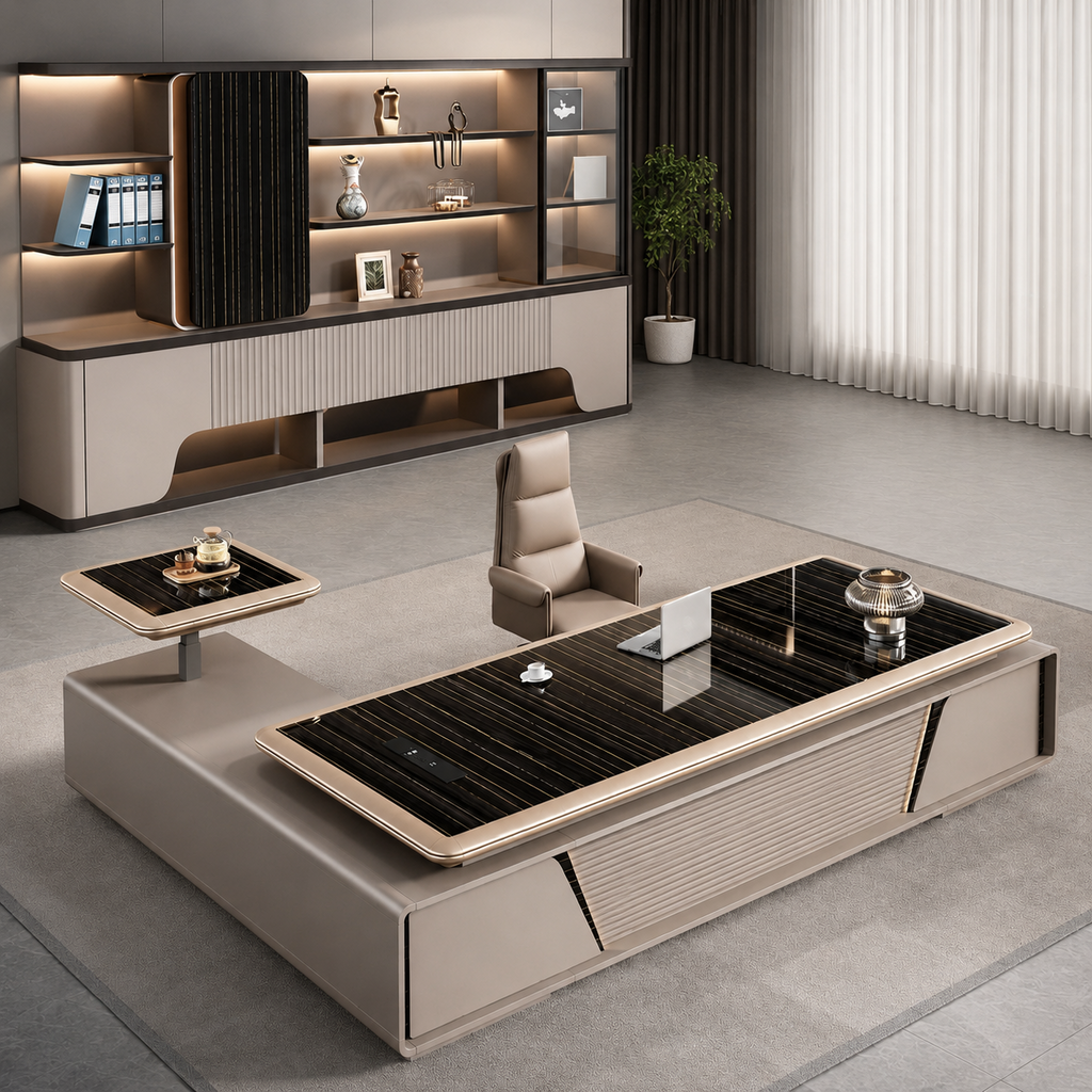 Luxury Black Glass-Top Executive Desk with Lift Side Table and Fluted Front Panel