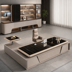 Luxury Black Glass-Top Executive Desk with Lift Side Table and Fluted Front Panel