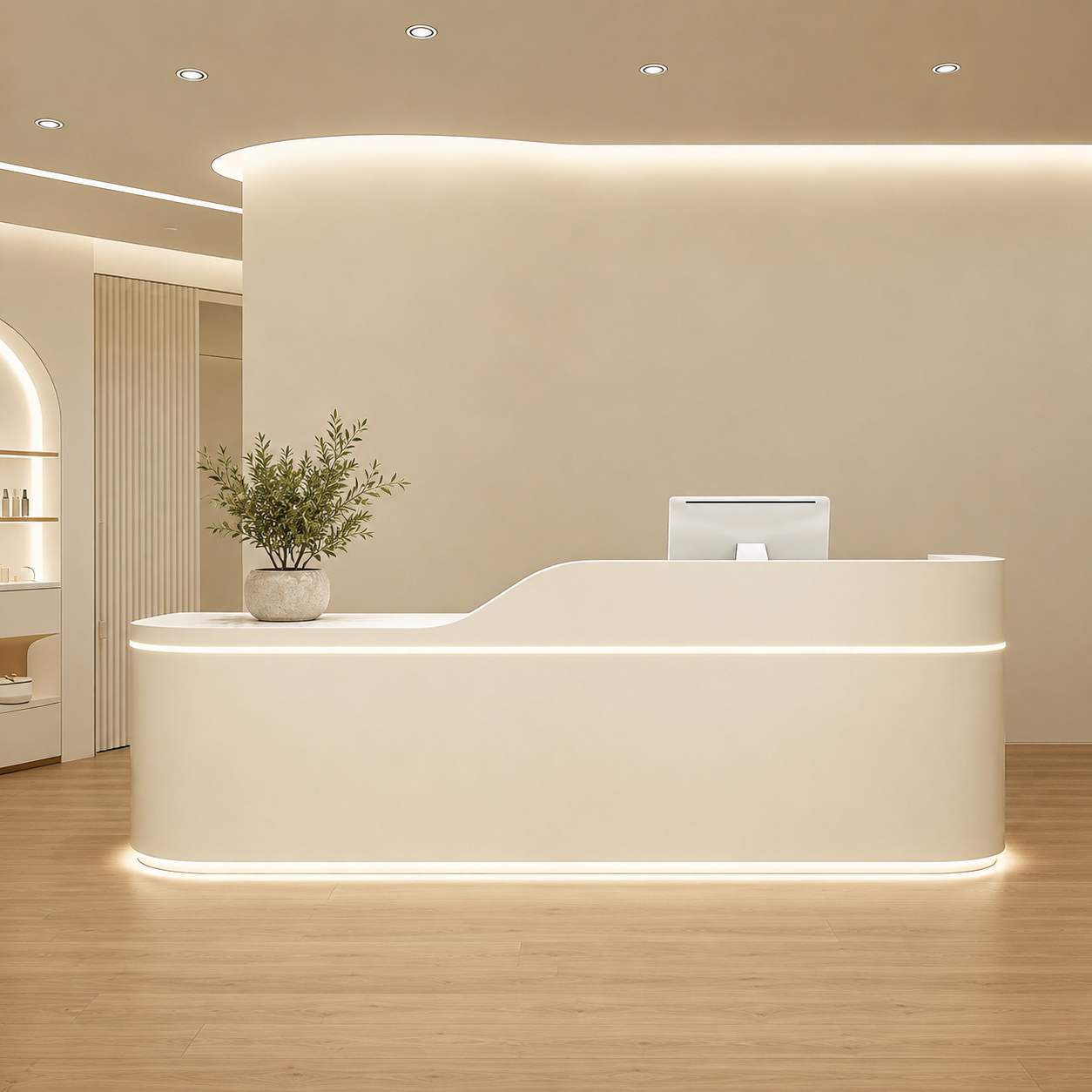 Sleek Curved Reception Counter with Concealed Storage and Service Ledge