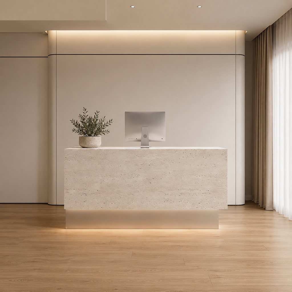 Stone-Look Linear Reception Counter with LED Plinth