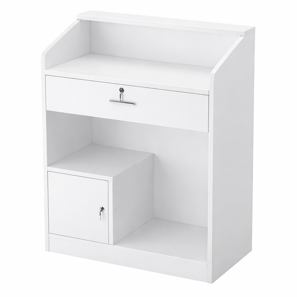Compact White Reception Counter with Custom Logo