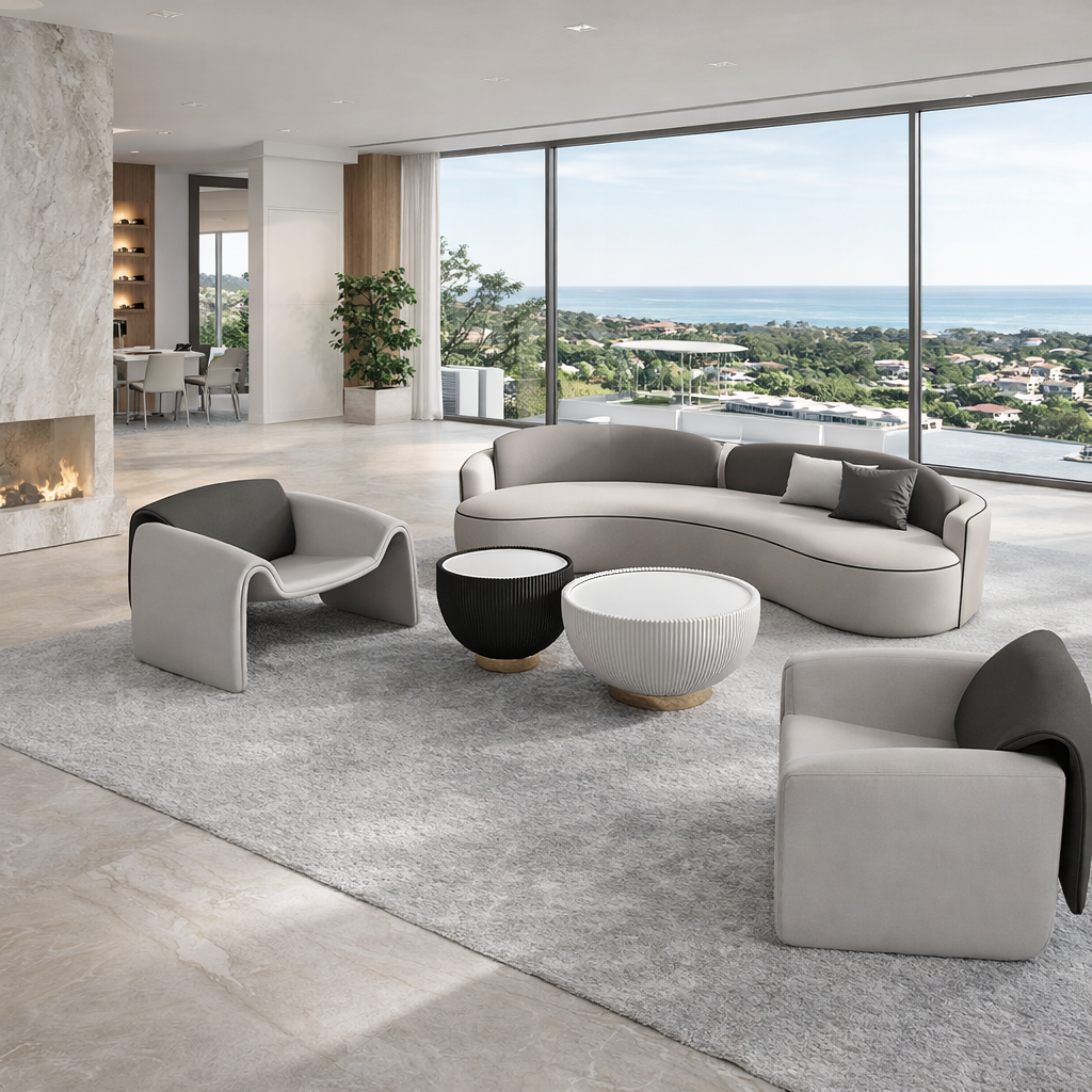 Modern Organic Curved Fabric Sofa Set - Designer Lounge Suite for Contemporary Open Living