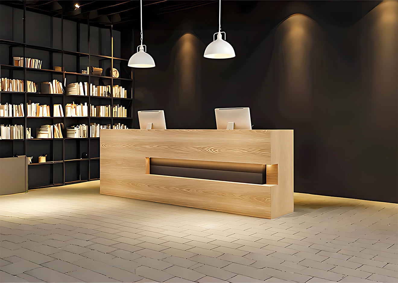 Solid Wood Straight Reception Desk with Custom Cabinets and Drawers