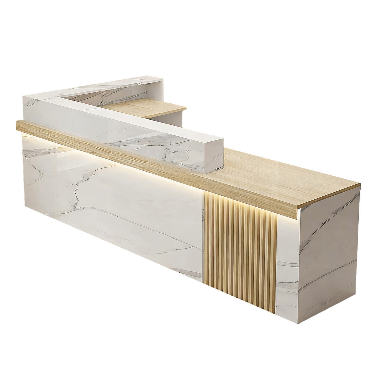 Right high return marble reception desk showing fluted panel and structured workstation area