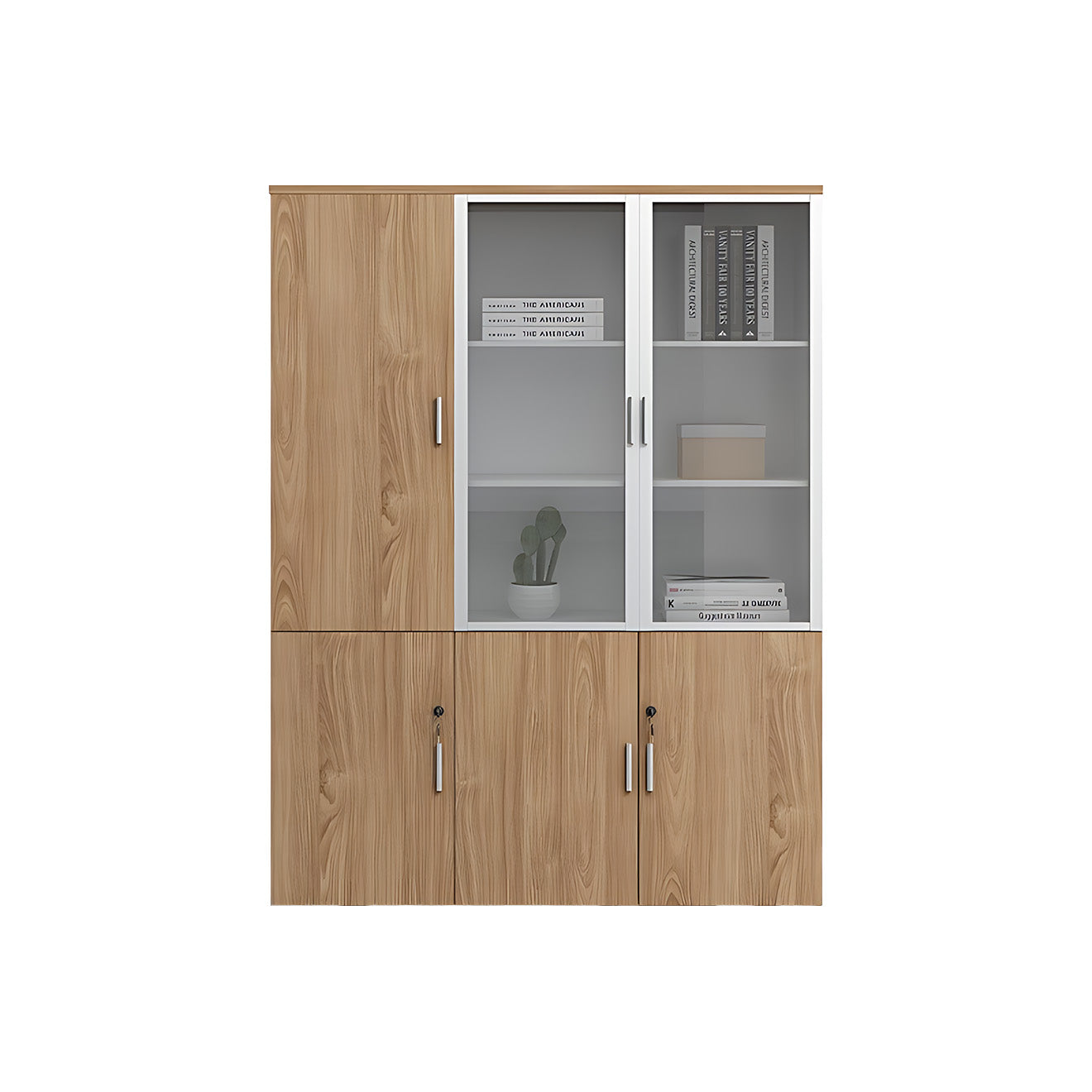 Contemporary Wood Grain Office Storage Cabinet with Glass Door