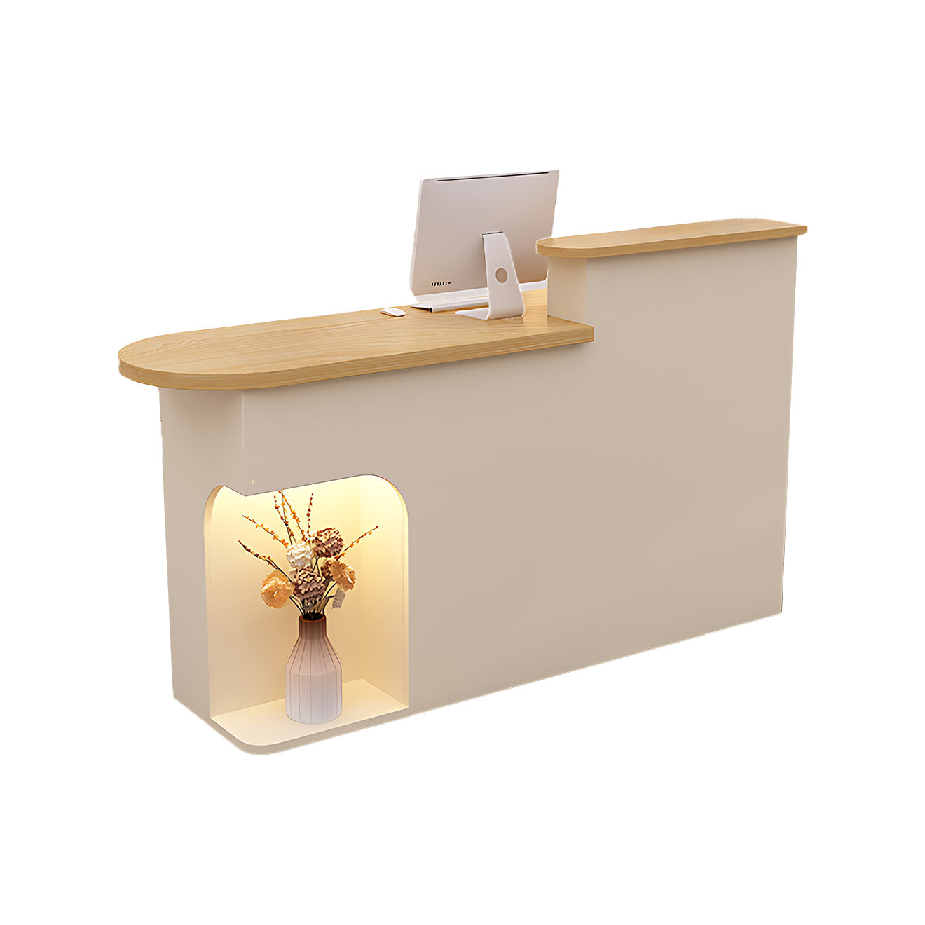 Modern Reception Desk with Soft-Lit Display Alcove