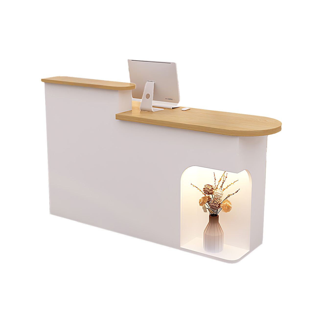 Modern Reception Desk with Soft-Lit Display Alcove