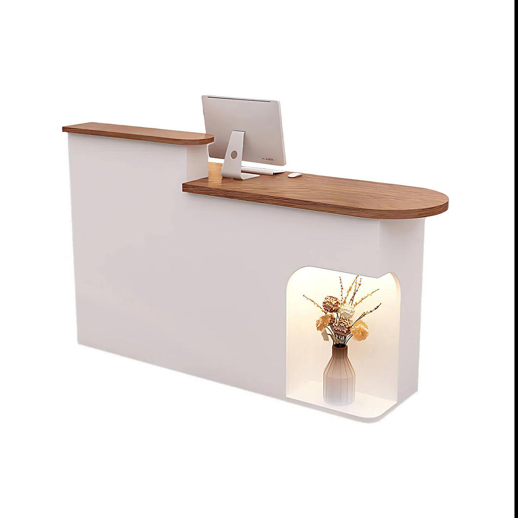 Modern Reception Desk with Soft-Lit Display Alcove