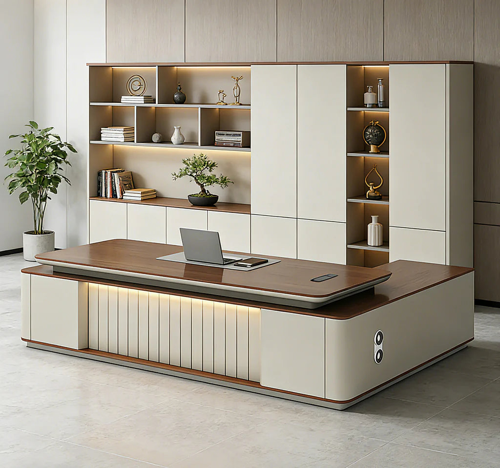 Modern Executive Office Desk with Integrated Storage Cabinet and LED Accent Panel Design