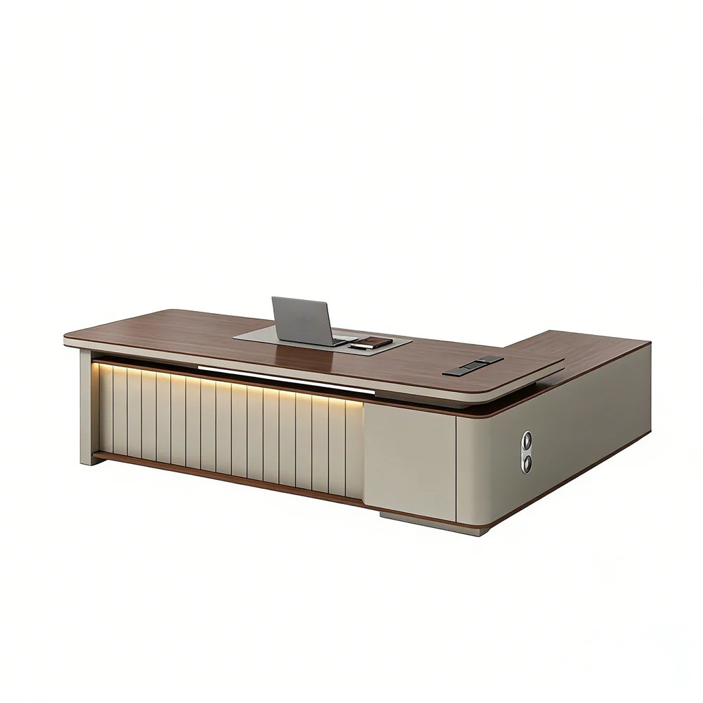 Modern Executive Office Desk with Integrated Storage Cabinet and LED Accent Panel Design
