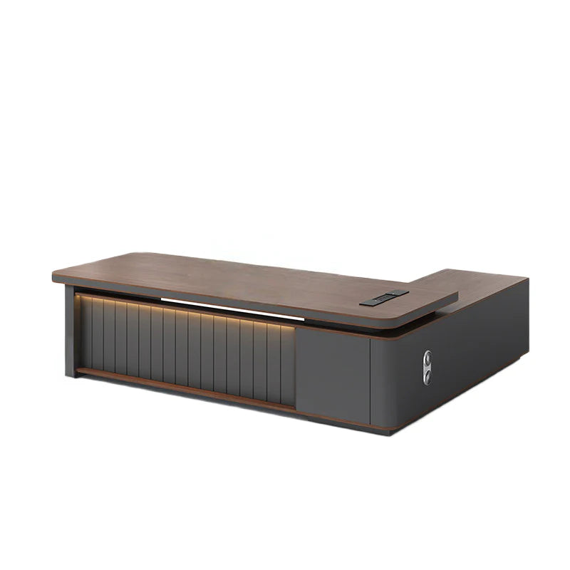 Modern Executive Office Desk with Integrated Storage Cabinet and LED Accent Panel Design