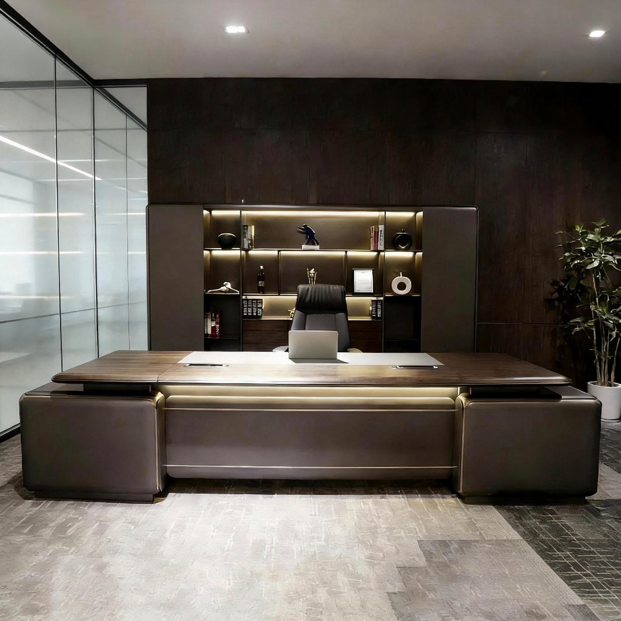 Contemporary Executive Office Desk with Integrated Storage and LED Detailing