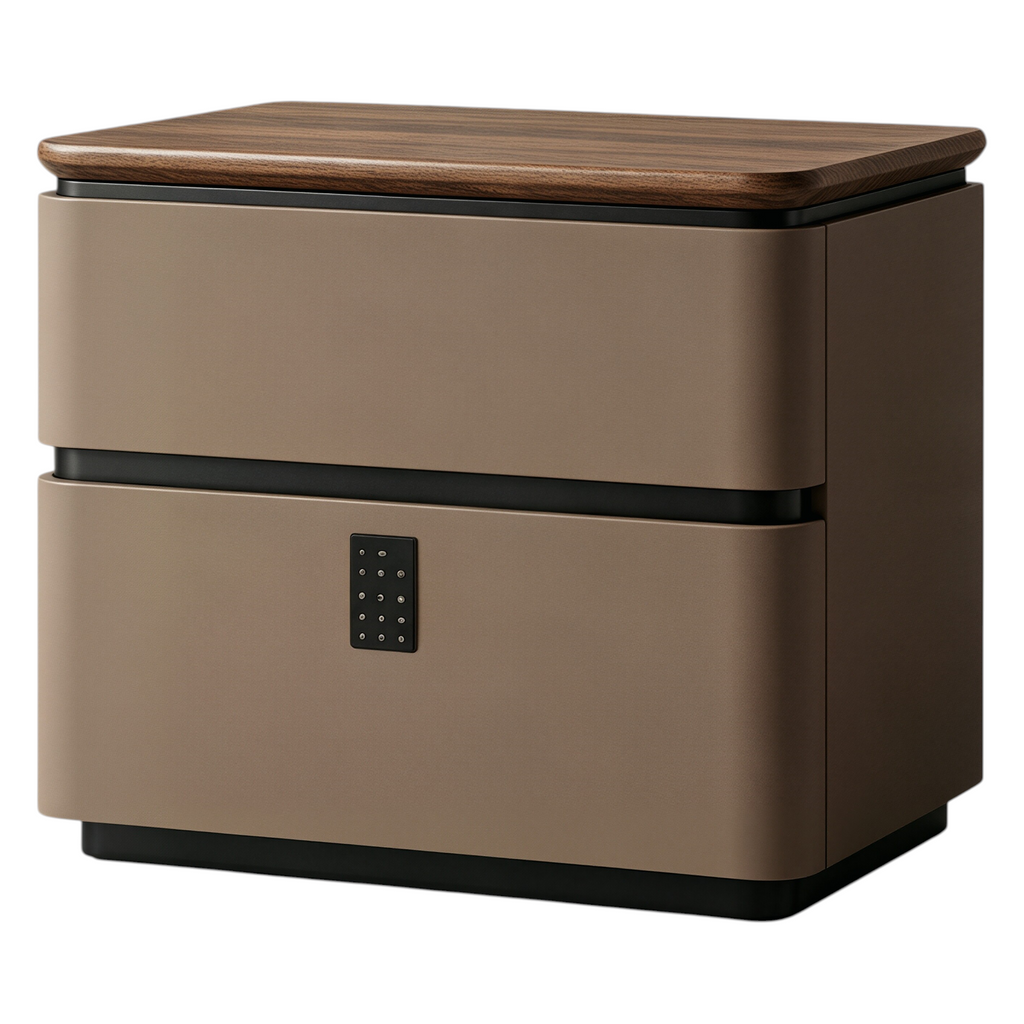 Modern Upholstered Bedside Table with Walnut Top and Two Soft-Close Drawers