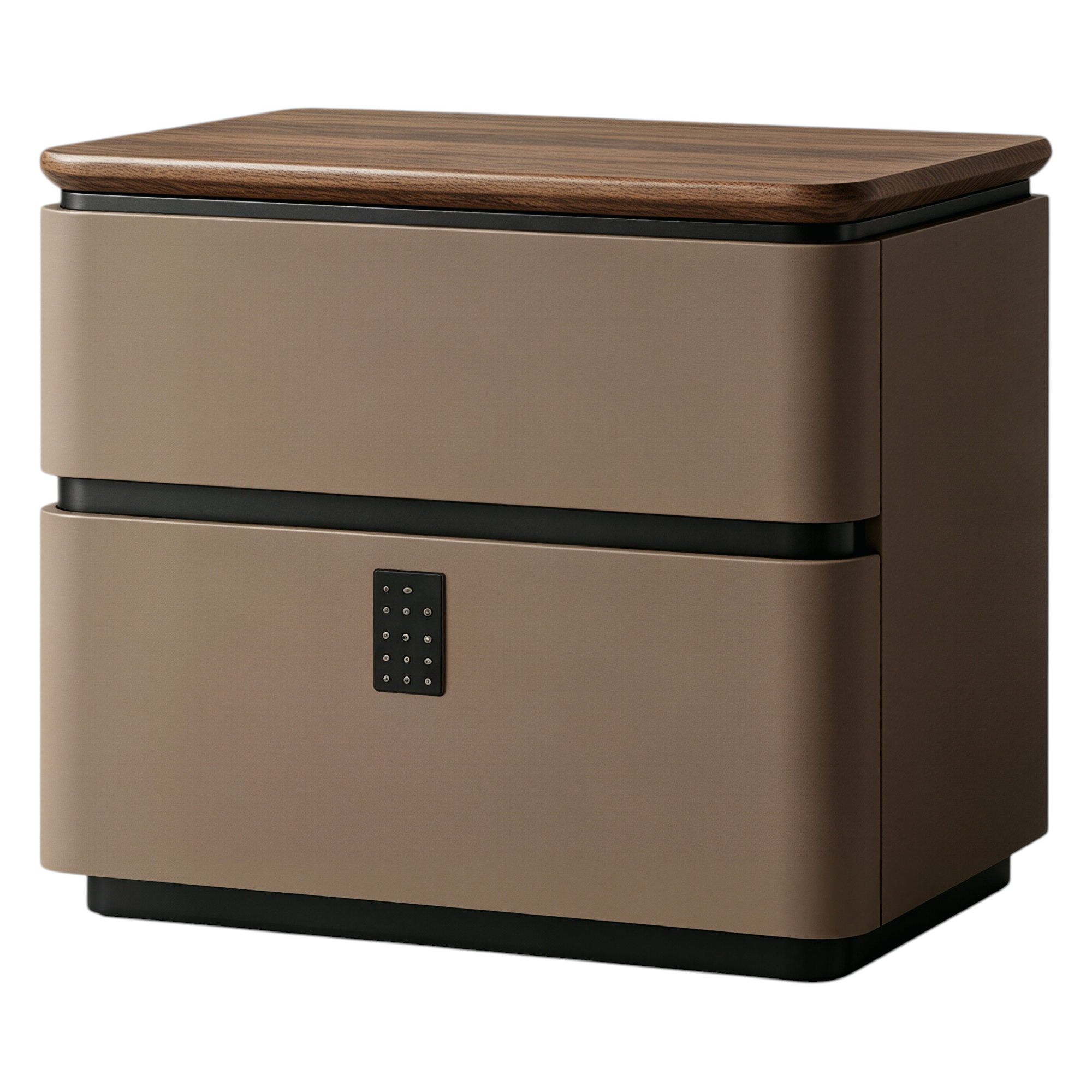 Modern Upholstered Bedside Table with Walnut Top and Two Soft-Close Drawers