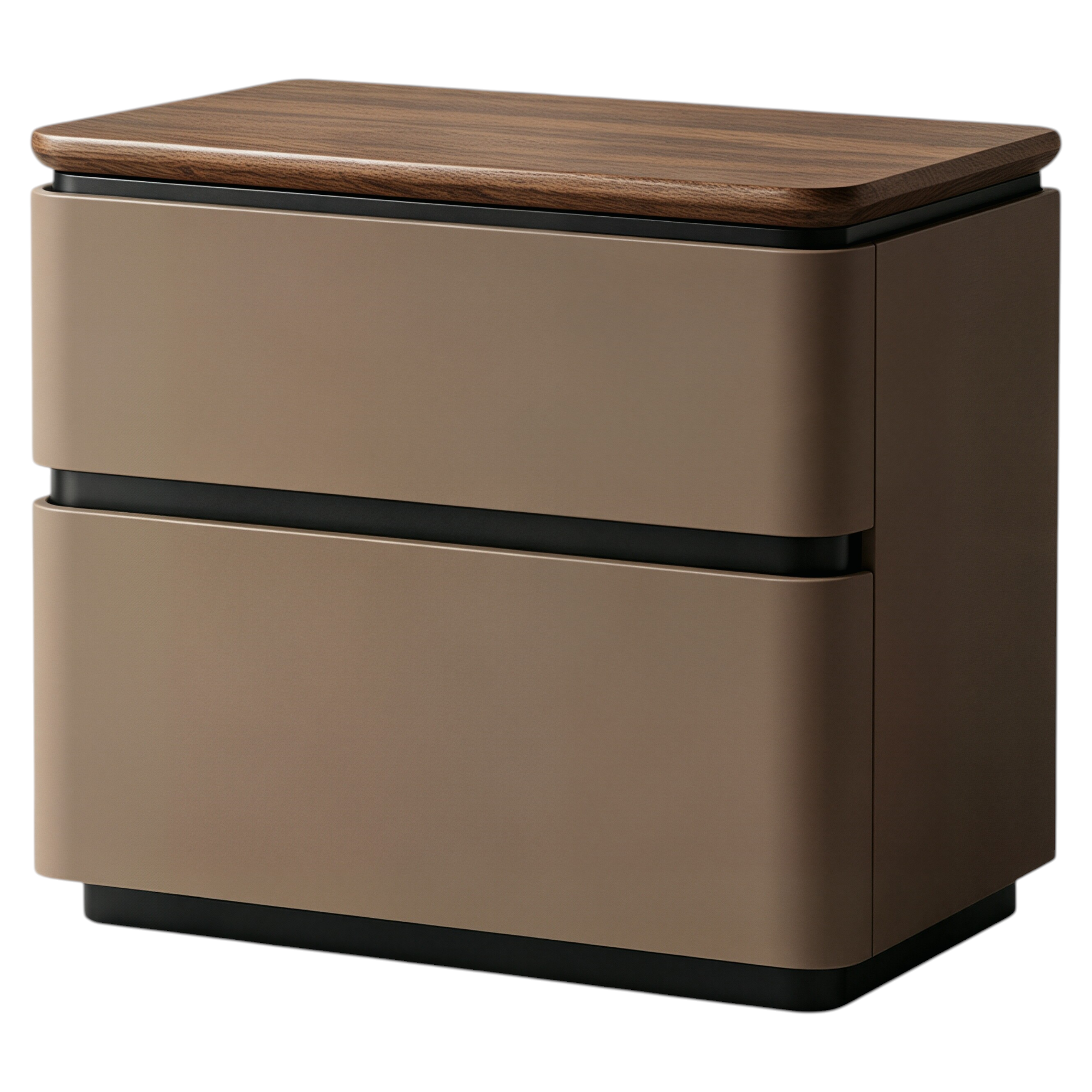 Modern Upholstered Bedside Table with Walnut Top and Two Soft-Close Drawers