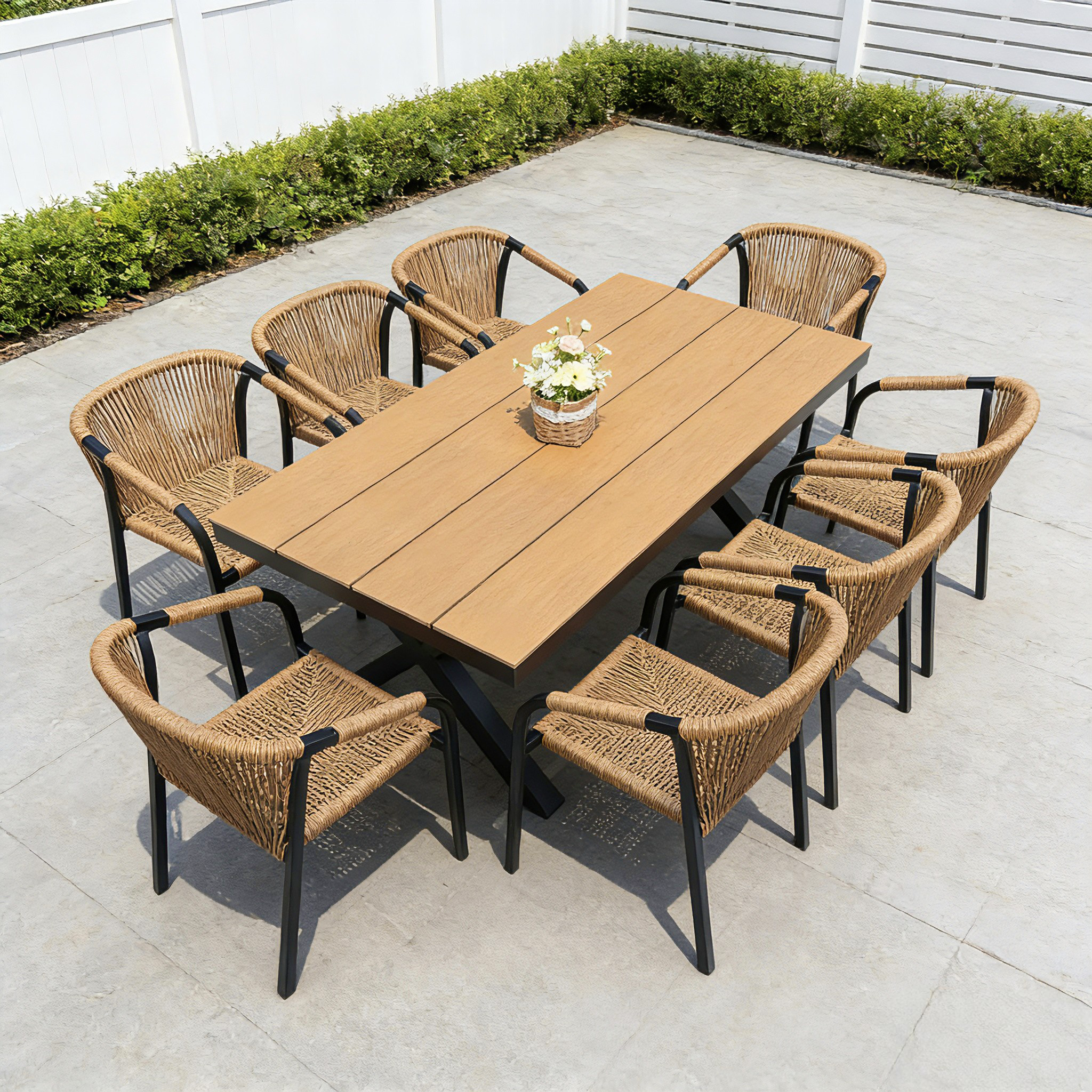 Outdoor Rope-Weave Dining Set With Timber-Look Table