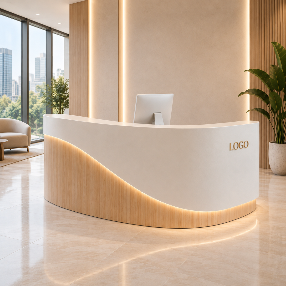 Modern Curved LED Reception Counter with Timber Finish