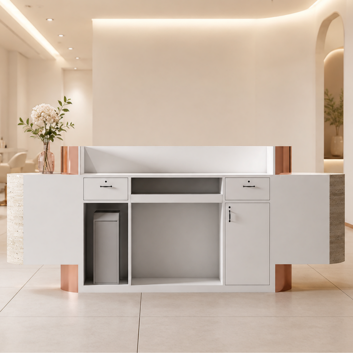 Curved Reception Counter with Custom Branding and Integrated Storage
