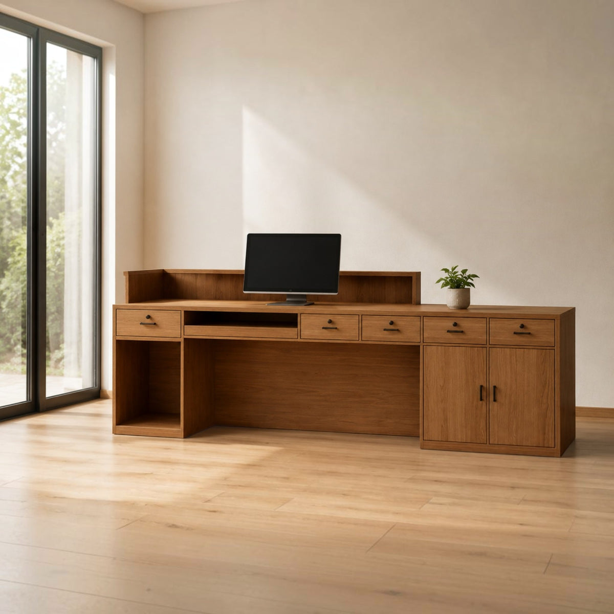 Luxury LED Reception Desk with Fluted Wood Grain Panels and Rounded Edges