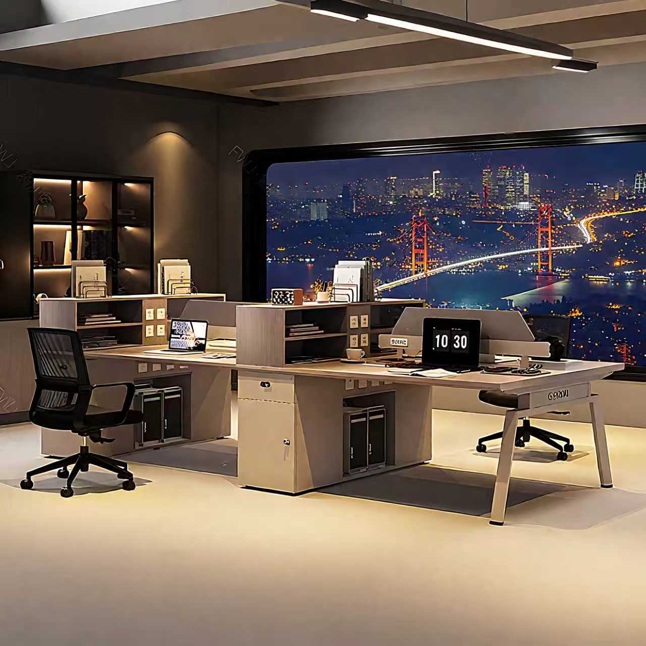 Office Desk System with Partitions and Cabinets
