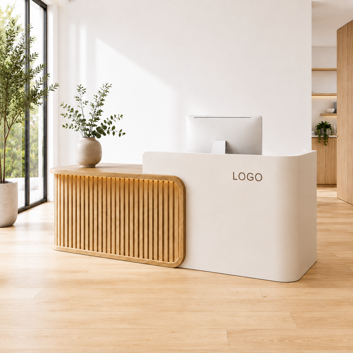 Luxury LED Reception Desk with Fluted Wood Grain Panels and Rounded Edges