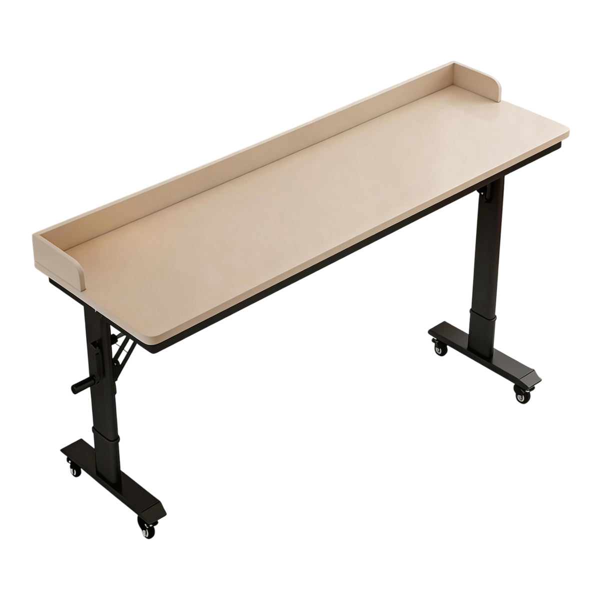 Beige mobile height adjustable work table with raised rear edge