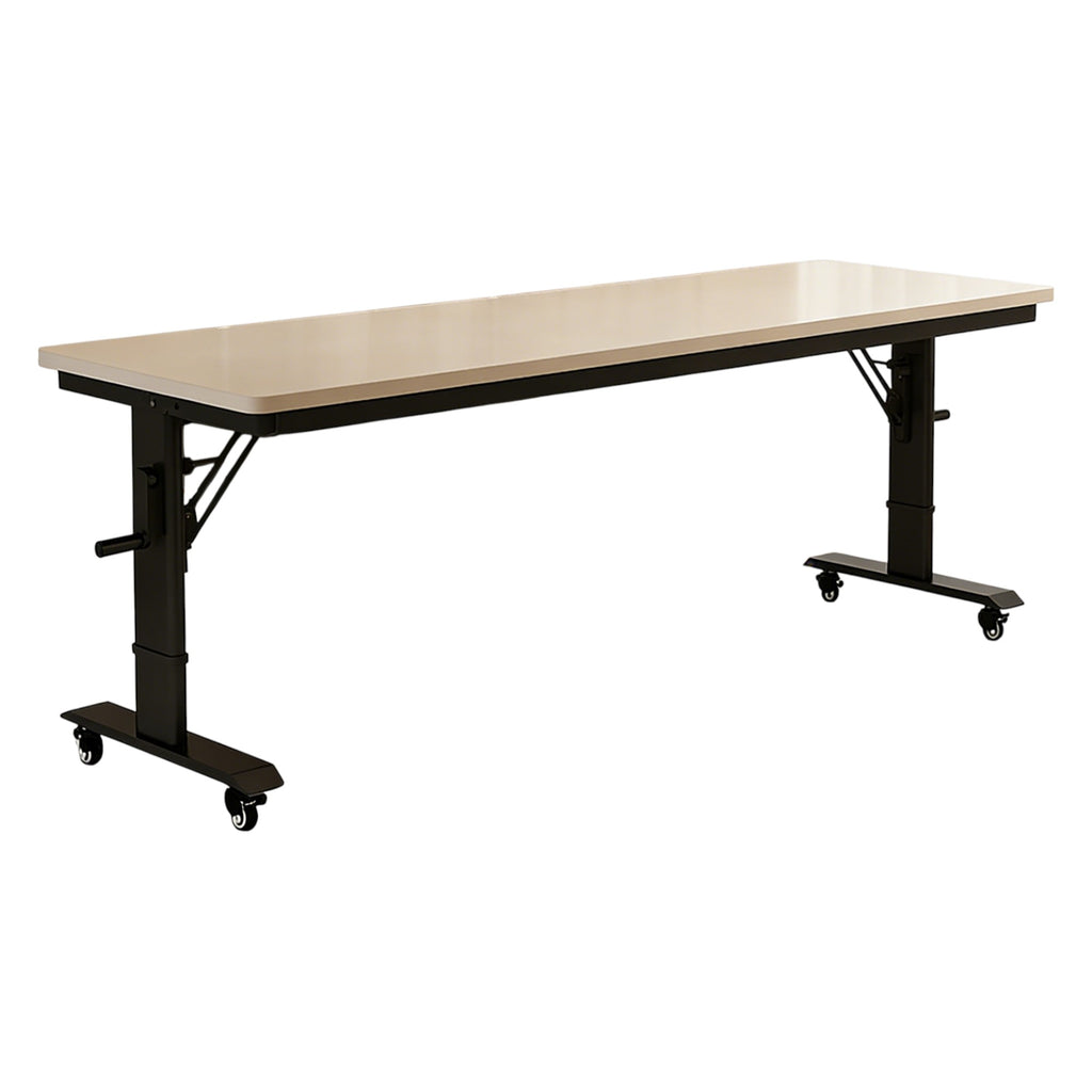 Beige and black mobile standing desk with adjustable height mechanism and wheeled base