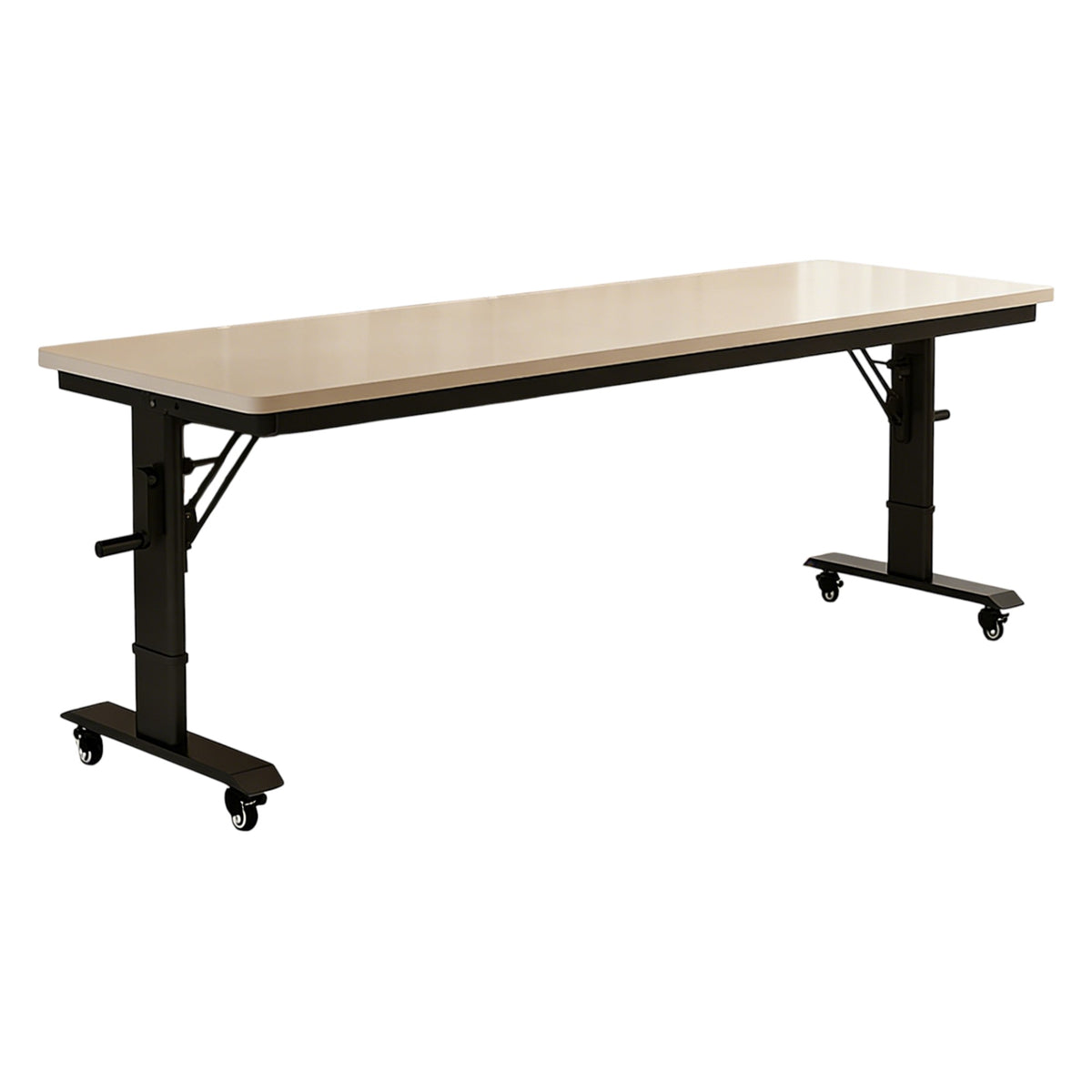 Beige and black mobile standing desk with adjustable height mechanism and wheeled base