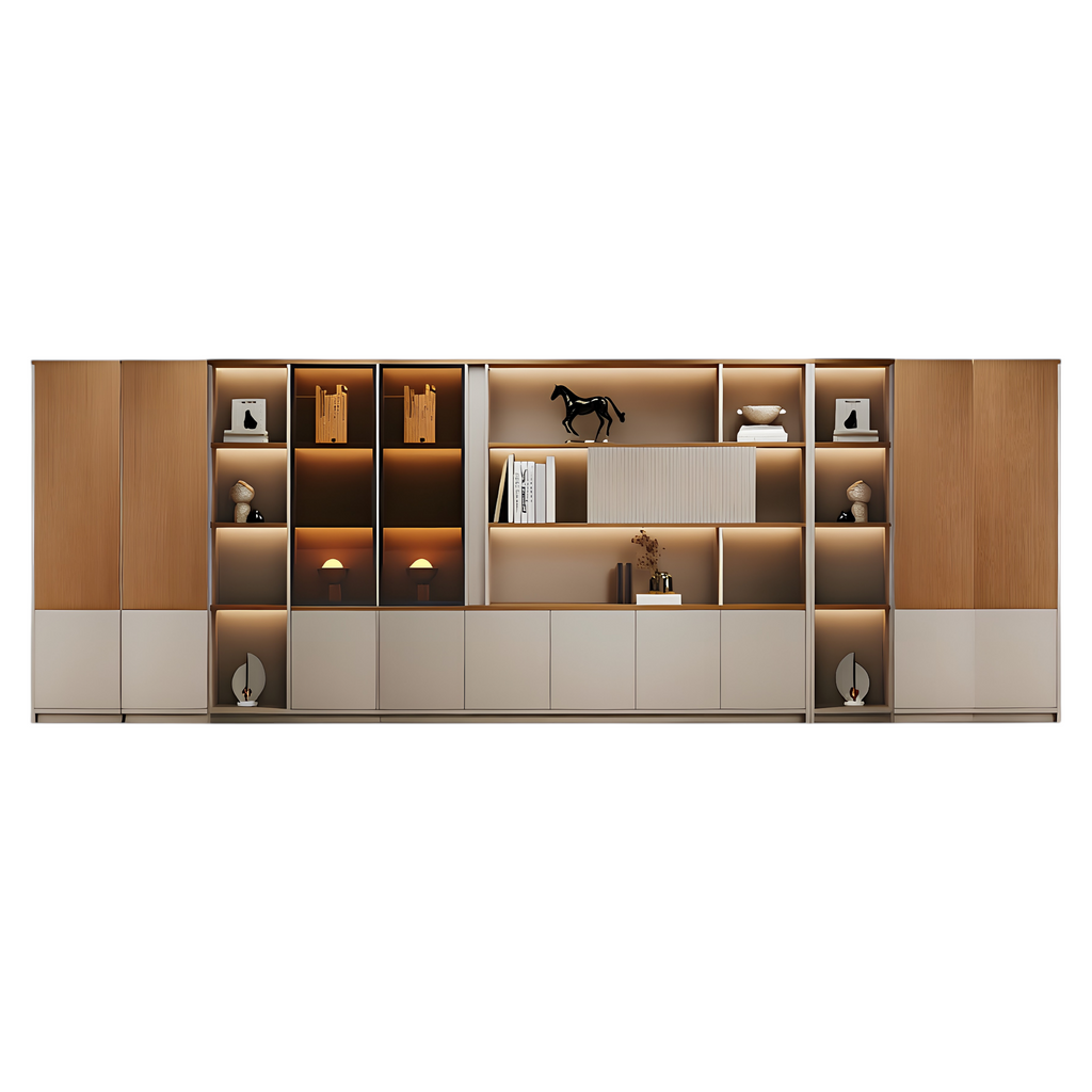 Custom executive office storage wall system with LED shelves and integrated cabinets
