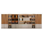 Custom executive office storage wall system with LED shelves and integrated cabinets