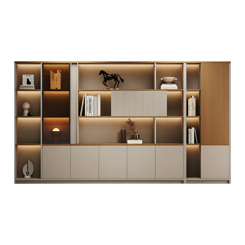 Custom office storage cabinet wall unit with timber finish and LED lighting