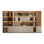 Custom office storage cabinet wall unit with timber finish and LED lighting